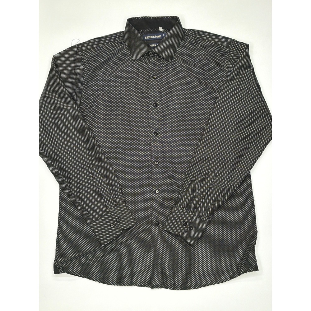 Silver Stone Modern Fit‎ Men's Dress Shirt Black White Dot Pattern Size Large